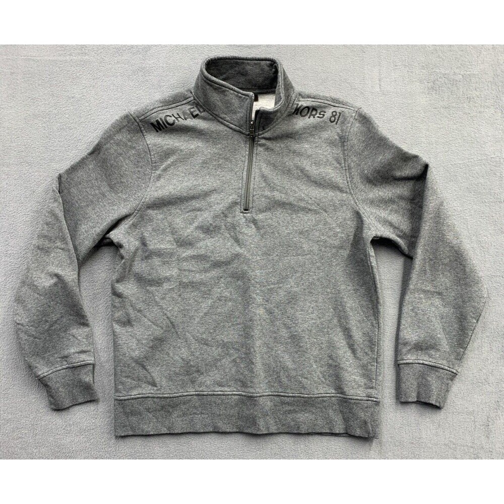 Michael Kors Henley Sweater Mens Large Gray 1/4 Half Zip Pullover Spell Out 81